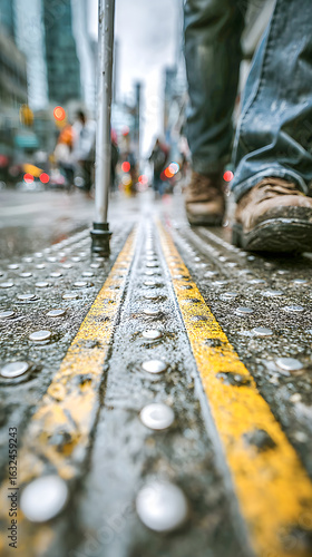 Construction worker walking on tactile paving with yellow stripes in a city street
