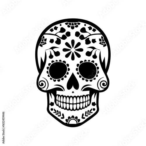 Intricate floral design of a sugar skull illustration for Day of the Dead.