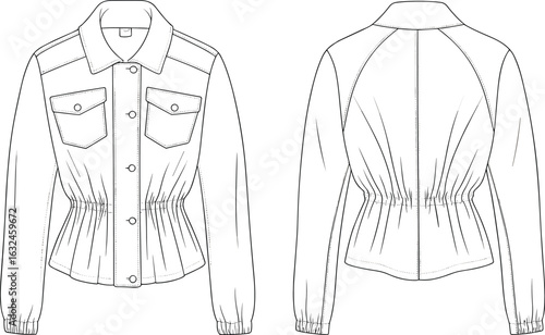 PrintWomen’s cinched waist jacket flat sketch, front and back view, technical fashion drawing, shirt collar, pocket detail, clothing template