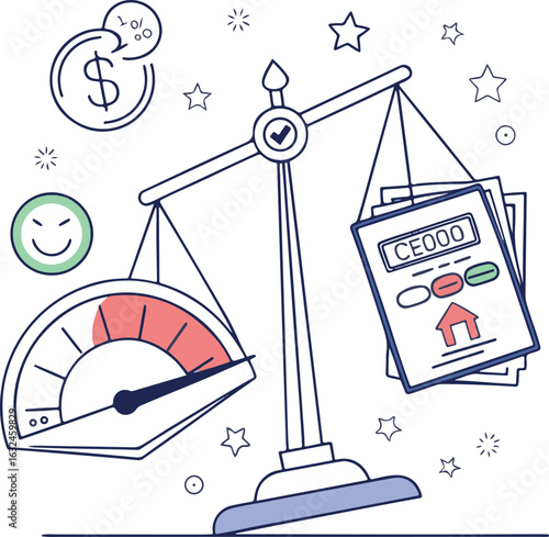 Credit Score Scale with Balance and Money Icons – Financial Rating and Home Loan Concept