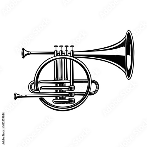 French Horn Illustration in Black and White
