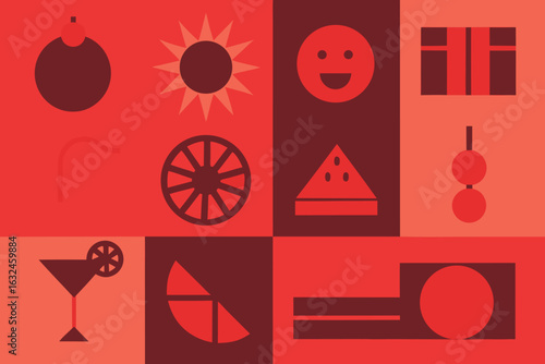 Set of high quality icons Geometric Summer Icons In Red Tones With Geometric Patterns vector illustration