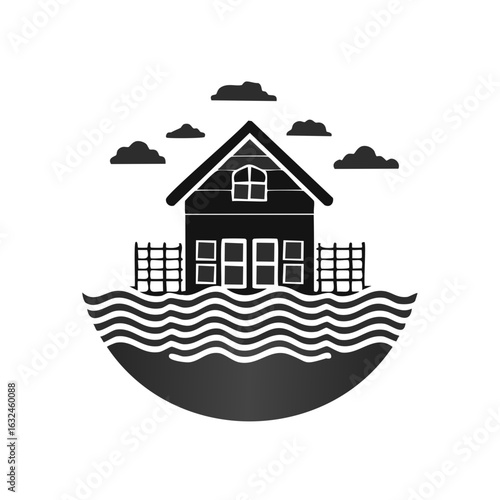 House silhouette surrounded by flood water and clouds for disaster concept