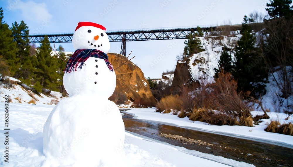 Obraz premium Cheerful Snowman with Red Hat and Plaid Scarf by a Frozen River