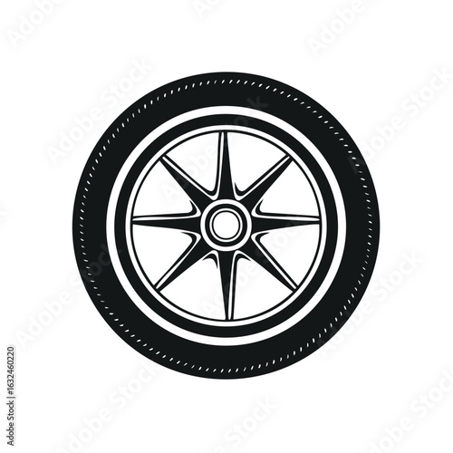 Black and white car wheel with tire and rim vector icon illustration automotive design element