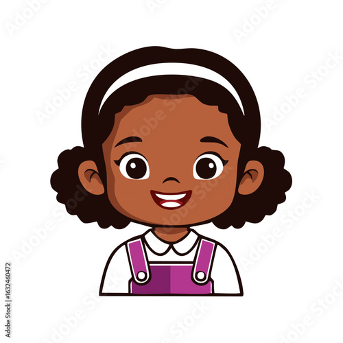 Cartoon Portrait of Smiling African American Girl with Curly Hair, Purple Jumper, and Headband
