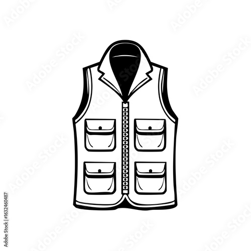 Stylized Fishing Vest with Pockets Black and White Illustration Vector Design