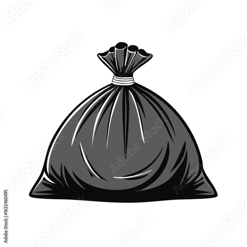 Full black garbage bag tied securely with a white tie and gray shading details