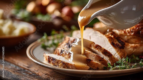 A delightful image of a Thanksgiving turkey dinner with gravy being poured over the turkey.