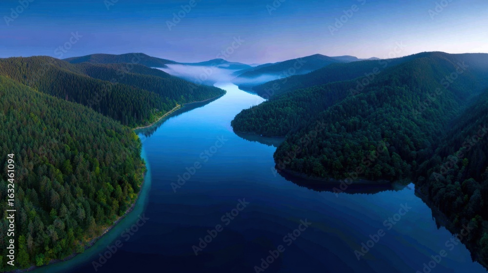 Fototapeta premium Stunning aerial panorama of mountain lake, crystal blue water, surrounded by evergreen forests, dramatic sunrise, misty atmosphere, breathtaking scenery, perfect for stock photos