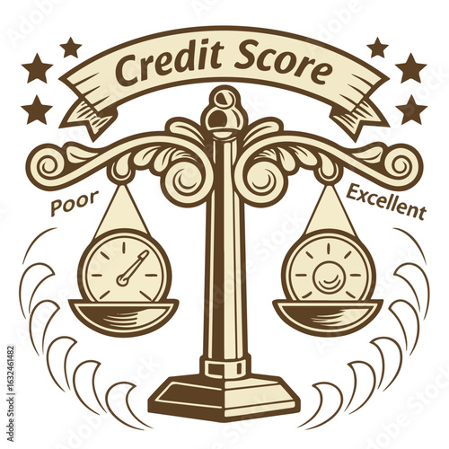 Vintage Credit Score Scale Showing Poor to Excellent Rating – Financial Balance Concept