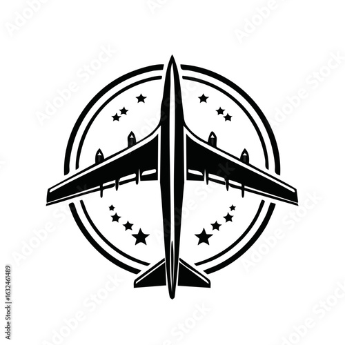 Elegant Airplane Silhouette with Stars Embellishing Circular Aviation Emblem Design