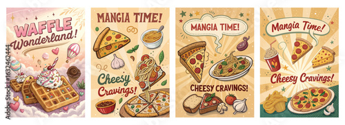 Set of four posters showcasing vibrant food themes with waffles pizza and pasta delights