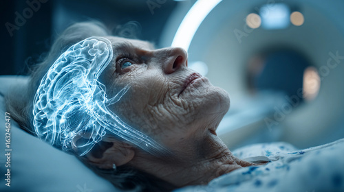 An elderly woman's brain is scanned, showcasing advanced medical imaging technology in action.