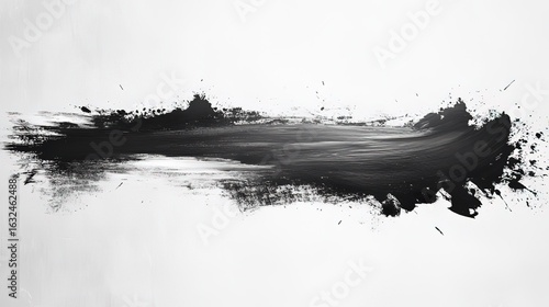 Black Paint Stroke on White Background with Splatters for Graphic Design