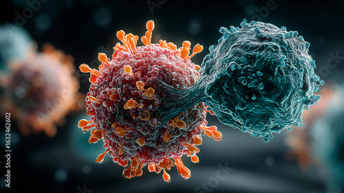 A detailed illustration of a T-cell attacking a virus, depicting the body's defense.