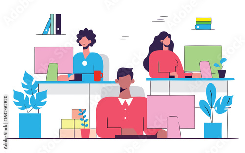 Colorful modern office with employees working at organized desks