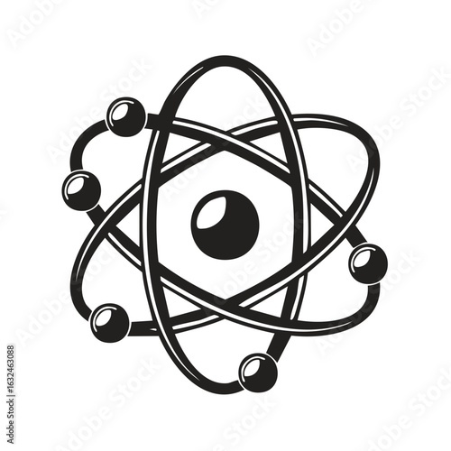 Black and white atom symbol icon with nucleus and orbiting electrons