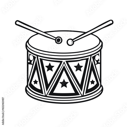 Classic toy drum with drumsticks black and white outline vector illustration for music and children's play