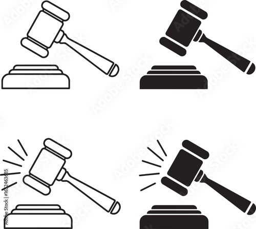 Gavel Icon Set:  Black and White Line Art,  Legal and Auction Symbols,  Modern Minimalist Style.