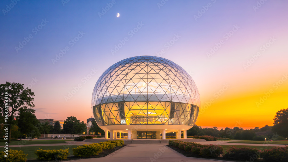 Obraz premium A dramatic architectural photograph of the Geodesic Dome at the University of Wisconsin-Madison at sunset