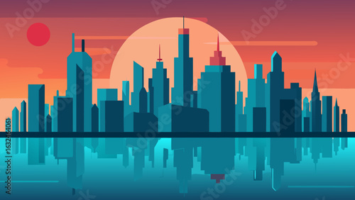futuristic city skyline with gleaming sunny 