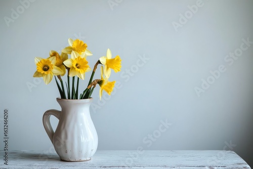 Wallpaper Mural White ceramic vase with vibrant yellow daffodils on table against plain wall, highlighting delicate petals and minimalist decor Torontodigital.ca