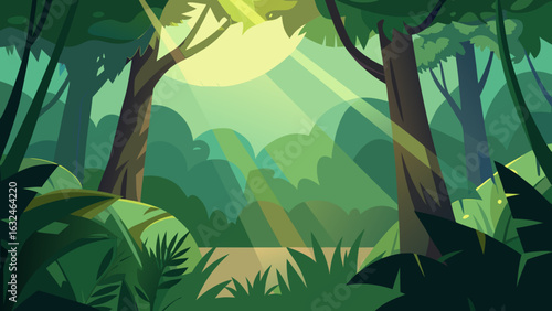 lush tropical jungle light shafts piercing