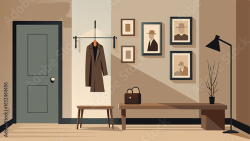 A hallway with a light wood bench and coat rack perfect for hanging coats and storing shoes. The walls are decorated with framed black and white photographs.