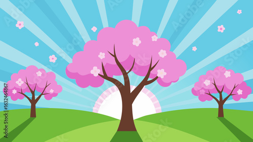 sunlight shining through cherry blossom trees 