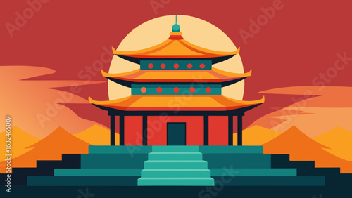 traditional asian temple with sunlit surroundings