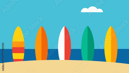 surfboards lined up on a sunny beach shore 