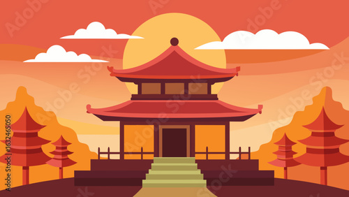 traditional asian temple with sunlit surroundings 