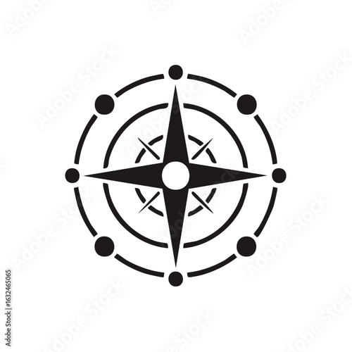 Compass Rose Navigation Graphic Symbol with Circular Accents and Star Points in Black and White