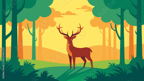 wild deer in sunny glade of dense forest 