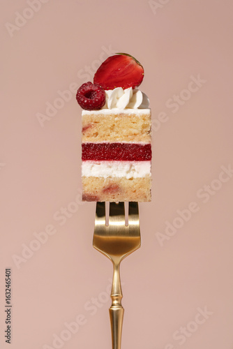 Vanilla sponge bento cake layered with raspberry and strawberry, topped with whipped cream and fresh fruit, presented on a golden fork against a soft pastel background, dessert concept