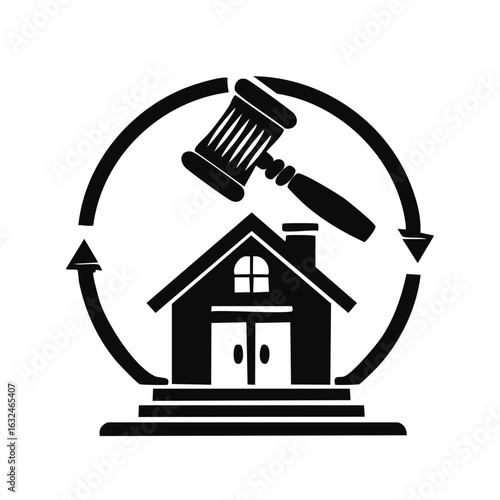 House Foreclosure Auction Icon with Gavel and Arrows Real Estate Liquidation