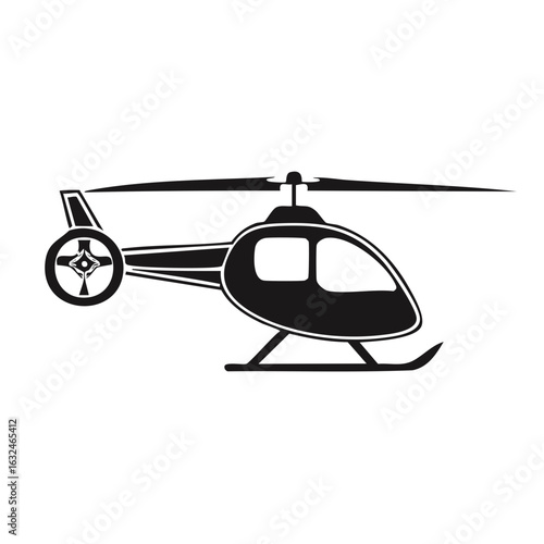 Stylized black silhouette of a helicopter with rotor blades and skids