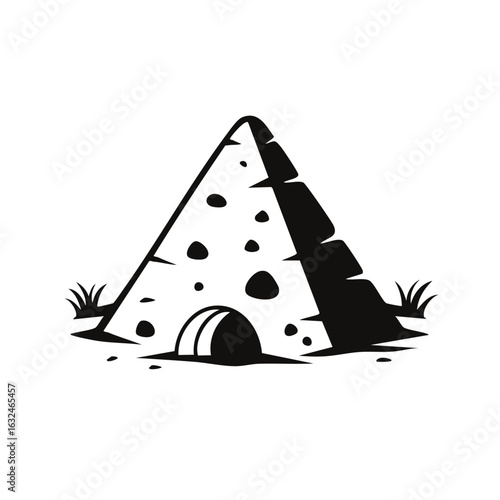 Simple black and white illustration of a cheese wedge with a hole for a burrow and grass