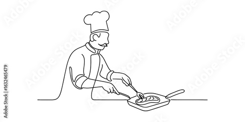Chef cooking steak in minimalist line art style with hat and apron
