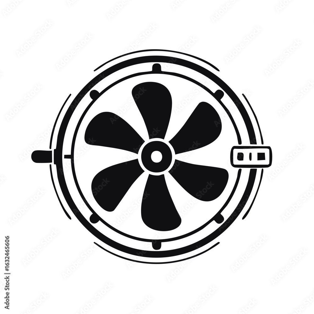 Fototapeta premium Black and white icon of a mechanical fan with five blades and circular housing