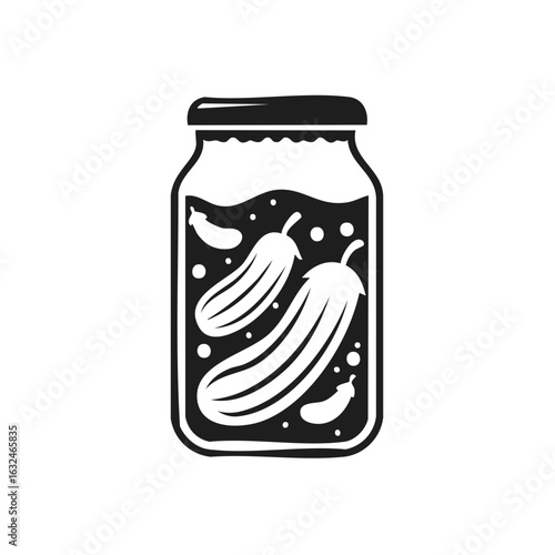 Pickles in a jar, preserved cucumbers in brine, vintage style black and white illustration