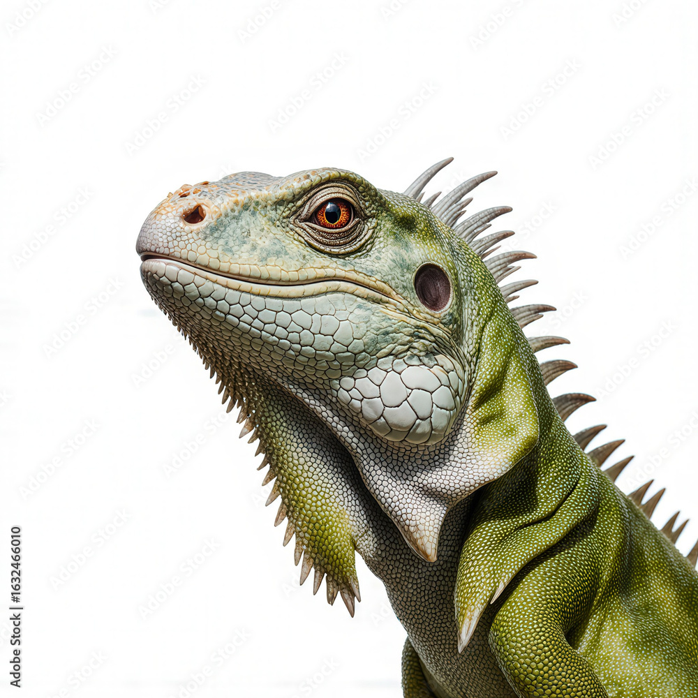 Obraz premium Emerald Scales: A captivating portrait of a radiant iguana, meticulously captured, displaying the mesmerizing textures of the reptile's textured, verdant scales and piercing gaze.
