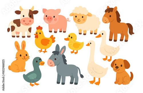 Cute farm animals collection in flat cartoon style for kids