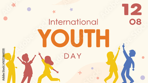 Illustration for International Youth Day featuring diverse figures and celebratory elements around text on transparent background silhouette