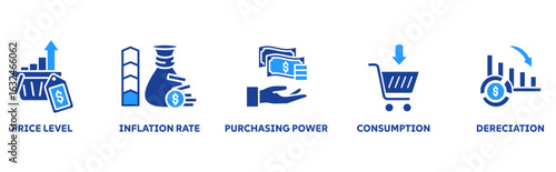 Inflation icon set illustration concept with icon of price level, inflation rate, purchasing power, consumption, derection