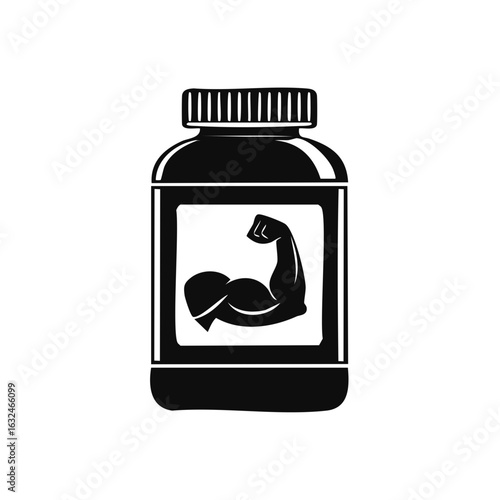 Fitness supplement bottle icon, arm muscle logo, nutrition and health concept in black and white.