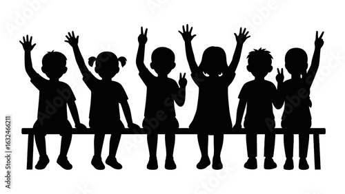 Children silhouette on bench with enthusiastic hand gestures