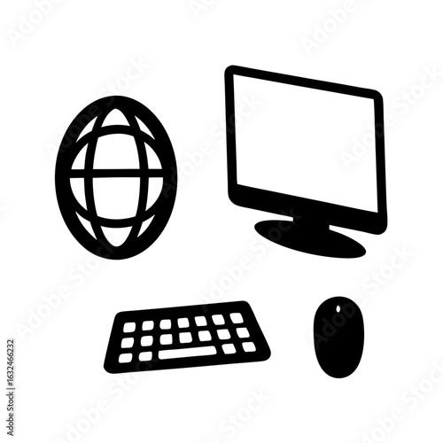 A simple black and white icon set representing computer workstation devices