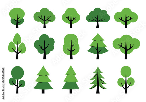 Collection of diverse tree illustrations isolated on white background, showcasing various shapes and styles for naturethemed designs and educational resources